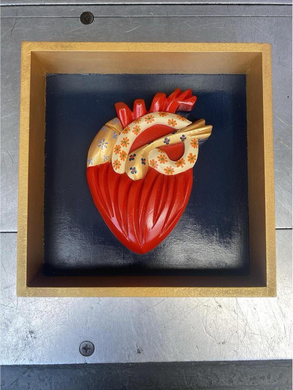 Hand Painted In Mexico Sacred Heart 3D Painting Framed Wooden Art